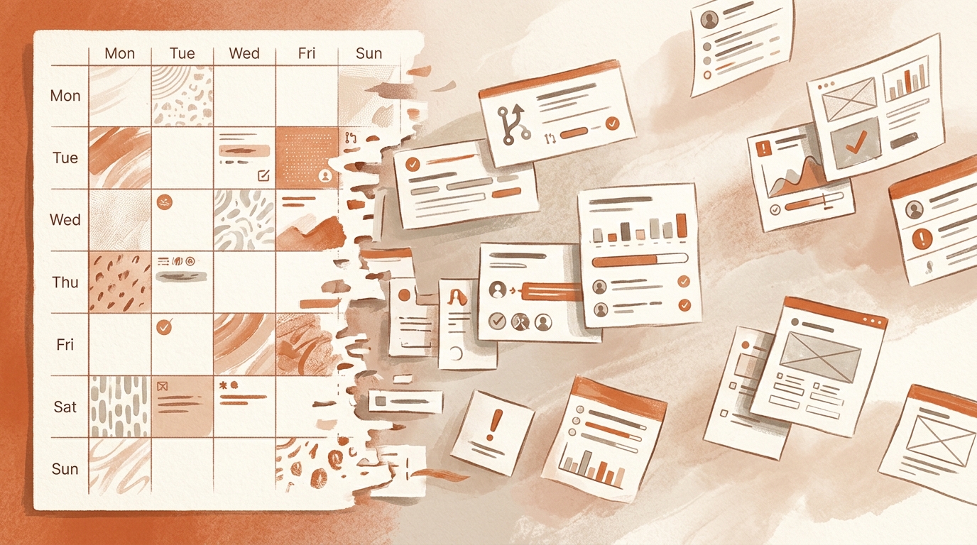 Editorial illustration of a weekly calendar grid dissolving on one edge into floating cards showing pull request and ticket fragments.