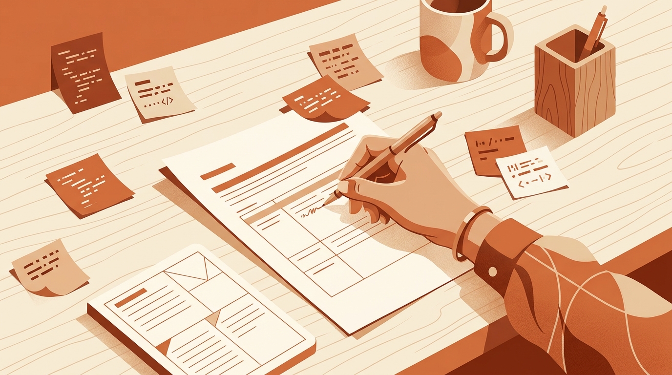 Editorial illustration of a hand writing a performance review draft surrounded by floating sticky notes showing pull request and ticket fragments, on a warm wooden desk.