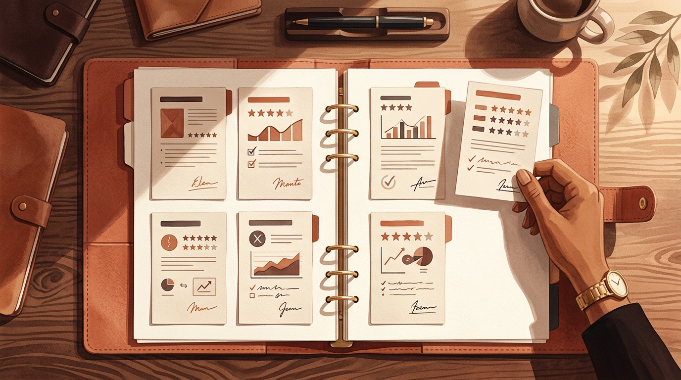 Editorial overhead view of an open binder with several review cards arranged neatly while a manager places one final card, in a warm terracotta and cream palette.