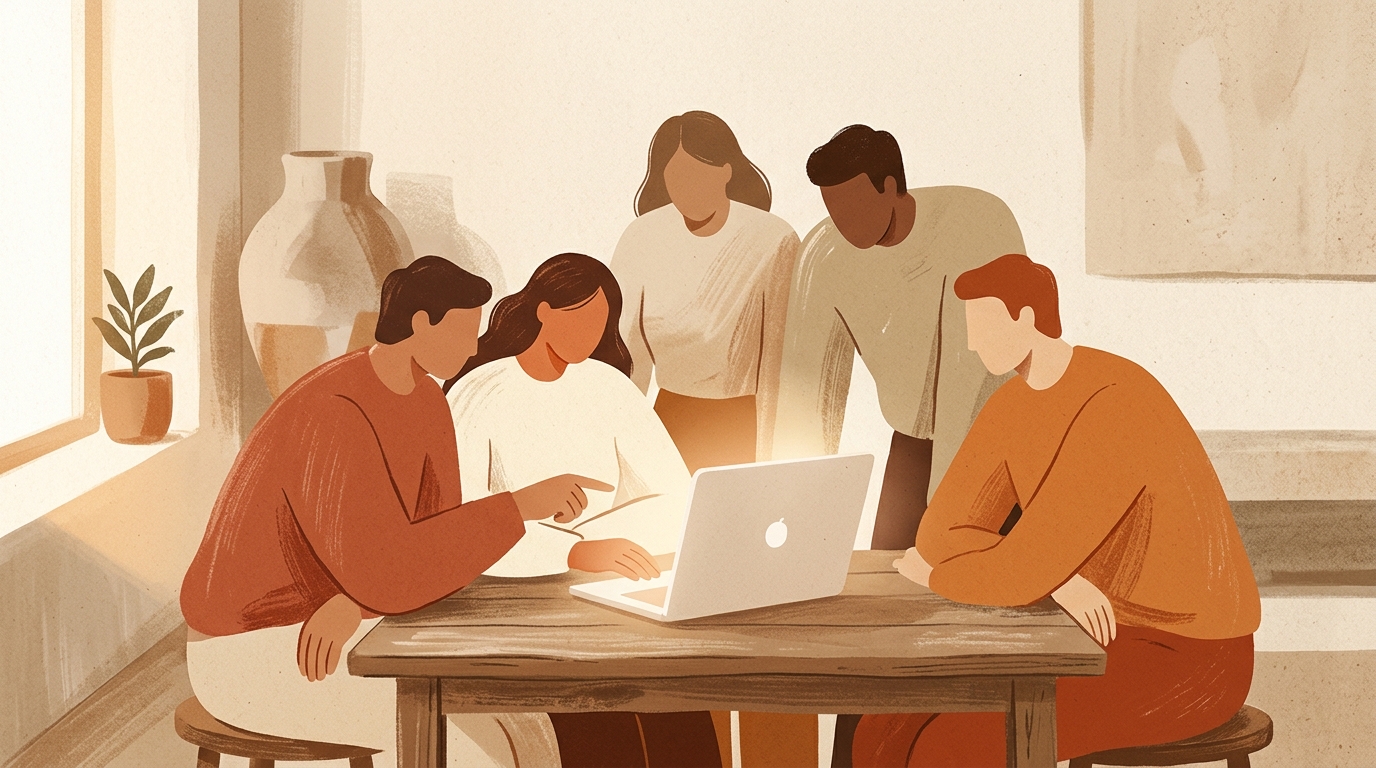 Editorial illustration of a small group of five abstract figures gathered around a single open laptop, in intimate scale and soft warm light.
