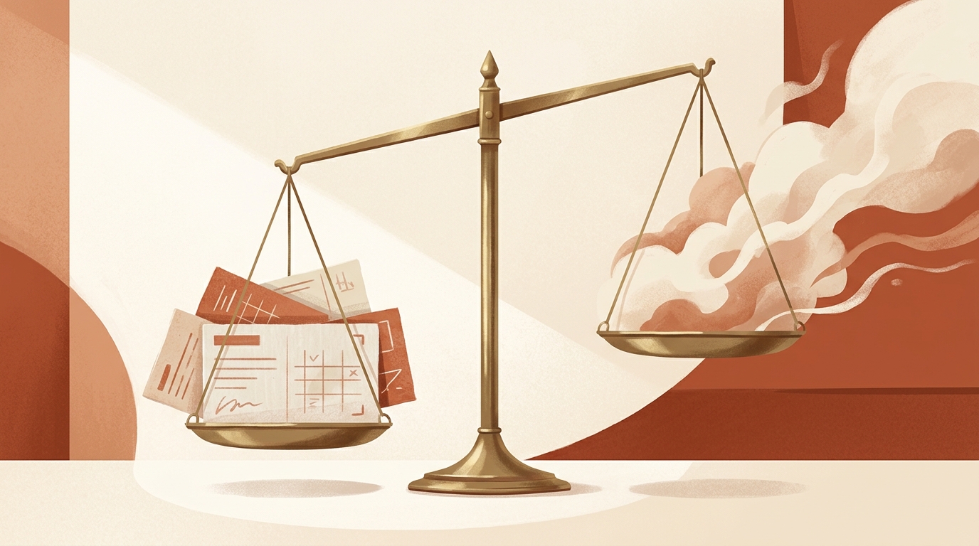 Editorial illustration of a balanced brass scale tipping toward concrete evidence cards and away from vague impressions.