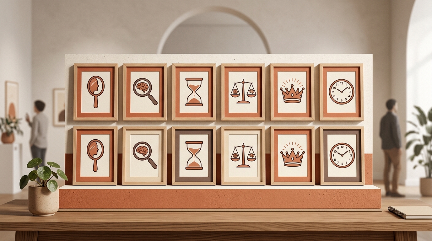 Museum gallery of twelve framed editorial pictograms representing different cognitive biases — mirror, magnifier, hourglass, scale, crown, clock — arranged on a desk.