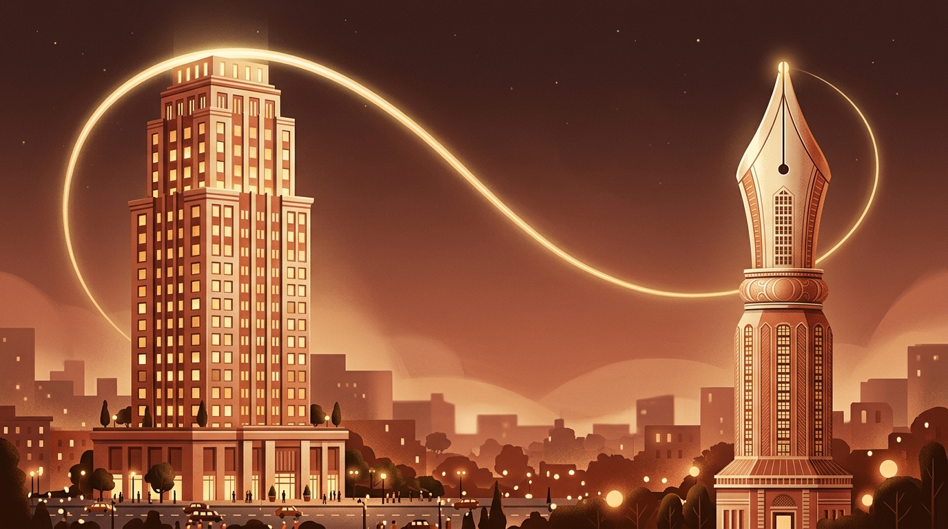 Editorial illustration of two contrasting building icons — a tall corporate platform tower and a precise writing-nib tower — connected by a soft golden arc.