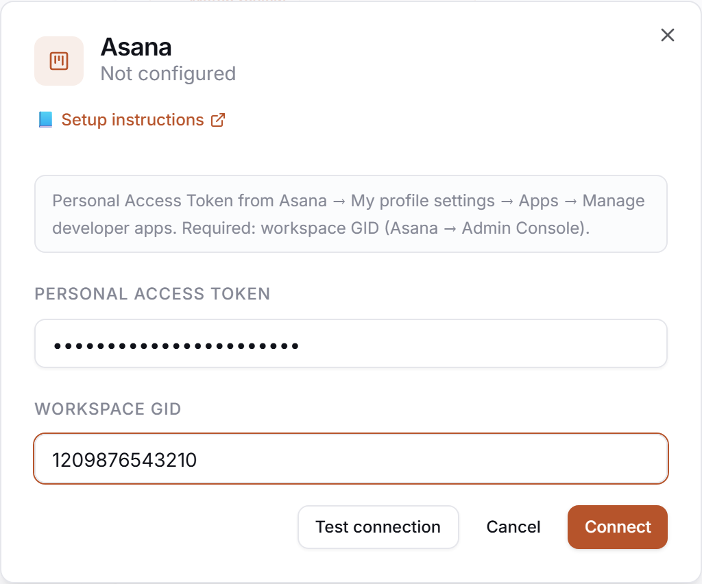 The Asana credential drawer in PerfCopilot — paste your values, then click Save.