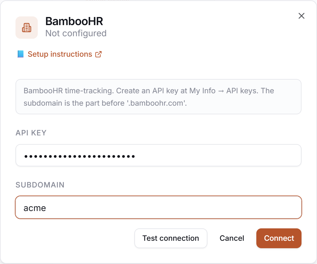 The BambooHR credential drawer in PerfCopilot — paste your values, then click Save.