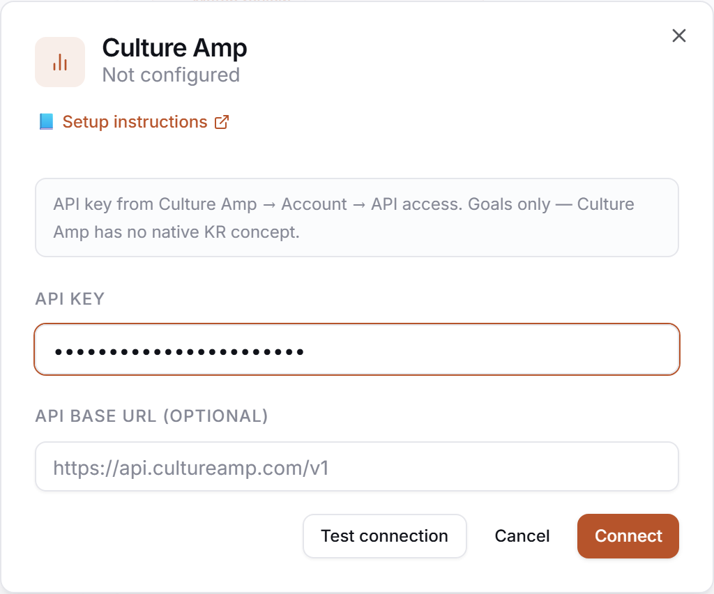 The Culture Amp credential drawer in PerfCopilot — paste your values, then click Save.