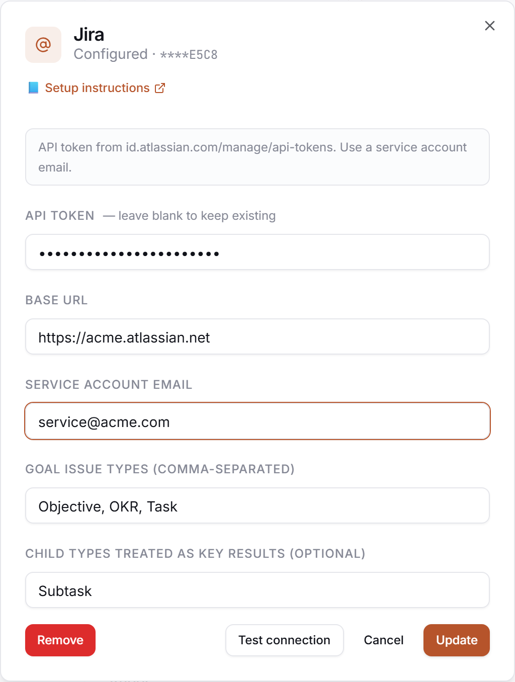 The Jira credential drawer in PerfCopilot — paste your values, then click Save.