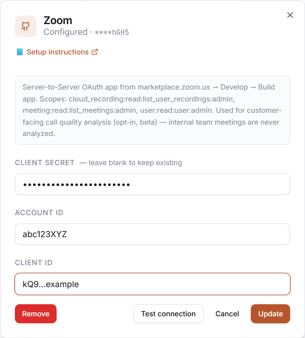 The Zoom credential drawer in PerfCopilot — paste your values, then click Save.